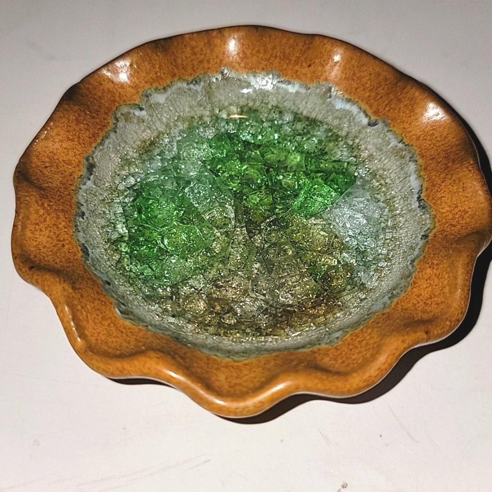 POTTERY HANDMADE CRACKLED GLASS TRINKET DISH